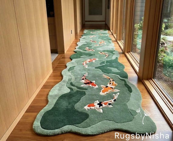 Hand Tufted Koi Fish Runner Rug, 100% Indian Fine Wool, Organic Shape Hallway Rug