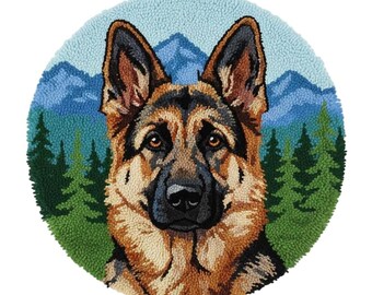 German Shepherd Latch Hook Kits, DIY Round Rug Making Kit, Cabin Lodge Decor