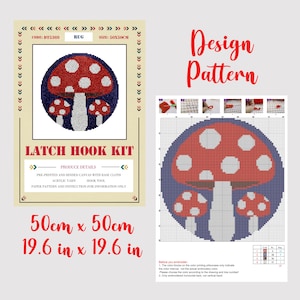 May include: Latch hook kit with a mushroom design. The kit includes pre-printed canvas, acrylic yarn, and a hook tool. The finished rug will measure 19.6 inches by 19.6 inches. The design features a red mushroom with white spots on a blue background.