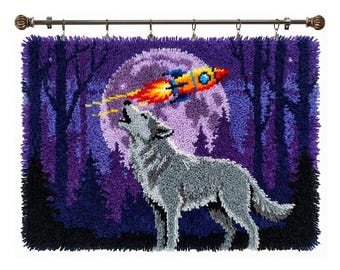 Kit de manualidades de ganchillo DIY de Space Wolf para alfombra de hilo para adultos y decoración de dormitorio de adolescentes.