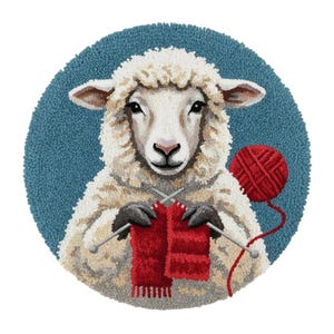 May include: A charming illustration of a sheep knitting a red scarf. The sheep, with its fluffy white wool and calm expression, is set against a blue circular background. A ball of red yarn sits beside the sheep. Ideal for craft lovers.