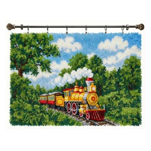 May include: A vibrant tapestry depicting a train scene. The artwork shows a yellow and red train with a red caboose, set amidst green trees, a blue sky, and white clouds. The tapestry is suspended from a decorative curtain rod.