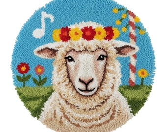 Spring Sheep Latch Hook Kits, DIY Round Rug Making Kit, Pre-Printed Canvas