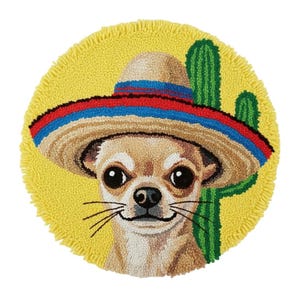 May include: A tan chihuahua wearing a sombrero with red, blue, and black stripes, set against a yellow circular background. A green cactus is to the right of the dog. The image has a textured, rug-like appearance.