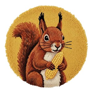 May include: A round, textured, yellow rug featuring a detailed illustration of a brown squirrel holding a yellow ear of corn. The squirrel has a fluffy tail and black-tipped ears. The background is a solid yellow circle.