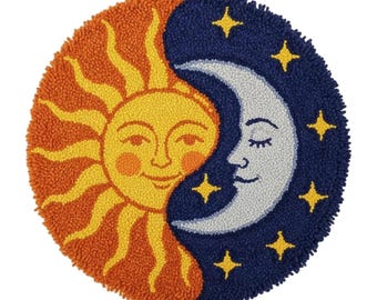 Sun Moon Latch Hook Kits, DIY Round Rug Making Kit, Pre-Printed Canvas, Boho Decor