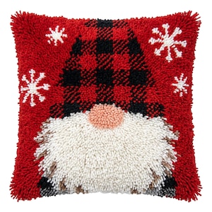 Kit de cojín festivo de ganchillo navideño con diseño de gnomo navideño a cuadros y nieve. Actividad de manualidades de invierno. Style D
