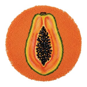 May include: A circular orange rug featuring a papaya design. The papaya is depicted halved, showcasing yellow and orange flesh, black seeds, and a green rind. The rug has a textured, tufted appearance.