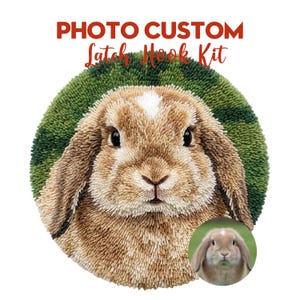 May include: A custom latch hook kit featuring a detailed image of a brown and white rabbit with floppy ears. The rabbit is set against a green and white circular background. Text at the top reads "PHOTO CUSTOM Latch Hook Kit". A smaller image of the rabbit is in the lower right.