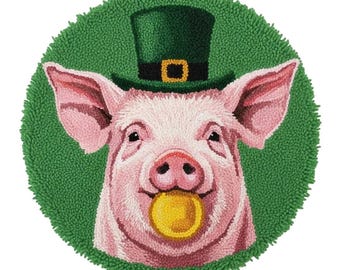 Lucky Pig Latch Hook Kits, DIY Round Rug Making Kit, Pre-Printed Canvas