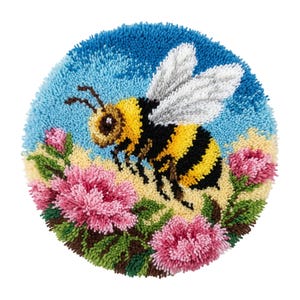May include: A round, textured craft piece featuring a yellow and black bee with white wings, hovering over pink flowers. The background is blue and yellow, creating a vibrant, handmade look. This item is perfect for home decor or craft projects.