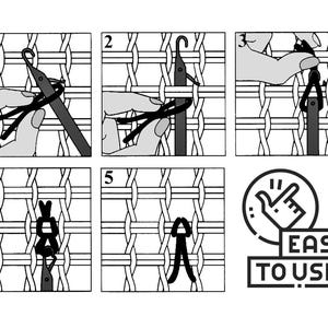 Puede incluir: Un gr&aacute;fico instructivo en blanco y negro que muestra cinco pasos para colocar un cierre en una tela de malla tejida. Los pasos ilustran el uso de una herramienta de gancho para pasar un peque&ntilde;o cierre a trav&eacute;s de la rejilla. Texto EASY TO USE.