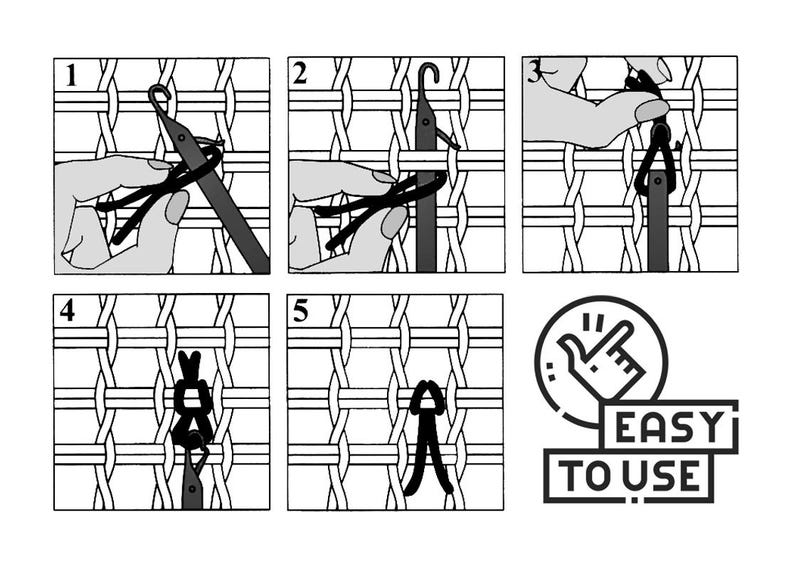 Puede incluir: Un gr&aacute;fico instructivo en blanco y negro que muestra cinco pasos para colocar un cierre en una tela de malla tejida. Los pasos ilustran el uso de una herramienta de gancho para pasar un peque&ntilde;o cierre a trav&eacute;s de la rejilla. Texto EASY TO USE.