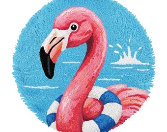 Pink Flamingo Latch Hook Kits, DIY Round Rug Making Kit, Pre-Printed Canvas