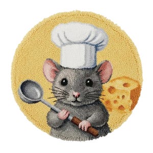 May include: A round, yellow, textured rug features a gray mouse wearing a white chef's hat. The mouse holds a silver ladle and is next to a piece of Swiss cheese. The design is a whimsical illustration.