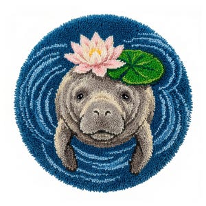 May include: A circular rug depicting a manatee with a pink water lily and green lily pad, set against a blue water backdrop. The manatee is grey with a detailed, textured design. A unique piece of home decor, perfect for a nursery or bathroom.