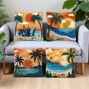 Sunset Beach Palm Tree Latch Hook Pillow Kit – Beginner Yarn Craft (43cm x 43cm)