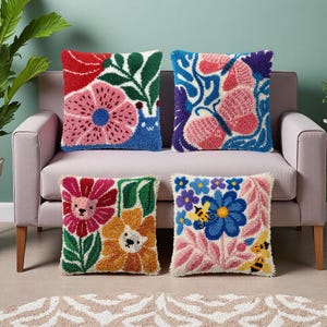 Whimsical Floral Latch Hook Cushion Kit Snail Flower Bee Butterfly Adult Hobby Craft Kit