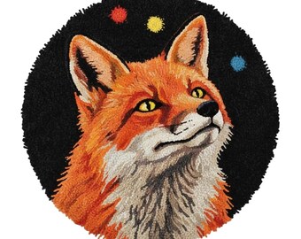 Night Fox Latch Hook Kits, DIY Round Rug Making Kit, Pre-Printed Canvas