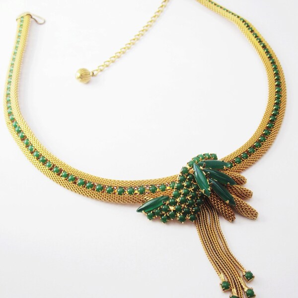 Gold Mesh and Jade Necklace-Retro and Dark Green-FREE SHIPPING in U.s.