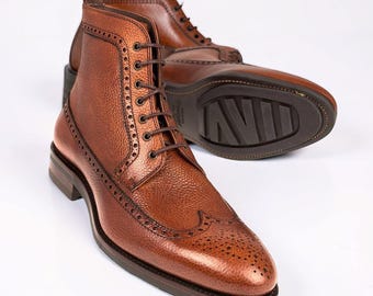 Cognackleurige leren enkelveterlaarzen heren vleugeltip