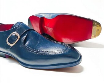 Zapatos Monk de piel de becerro azul con suela roja y correa, hechos a mano, calzado formal para hombre.
