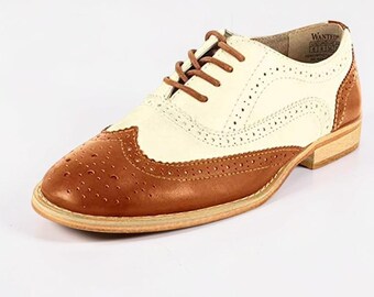 Handmade Half White and Tan Leather Oxford Wingtip Lace up Dress Shoes