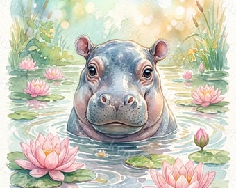 Baby Hippo Watercolor Nursery Print, Pastel Animal Wall Art (Digital Download)