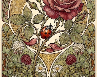 Art Nouveau Ladybug Rose Print, Botanical Garden Wall Art (Digital Download)