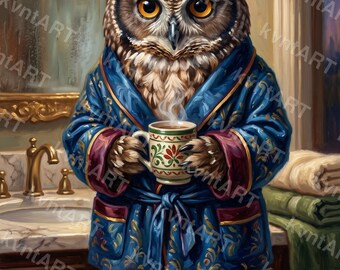 Wise Owl Bathrobe Print, Whimsical Oil Painting Style, Bathroom Decor (Digital Download)