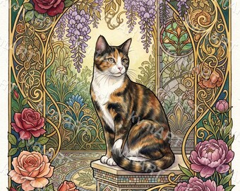 Art Nouveau Cat Print, Botanical Floral Poster, Mucha Style Wall Art (Digital Download)