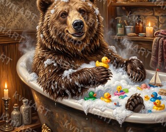 Bear Bubble Bath Oil Painting, Whimsical Animal Bathtub Art (Digital Download)