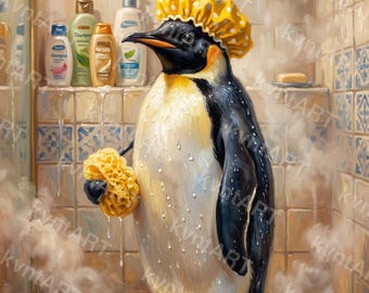 Penguin Shower Art, Whimsical Animal Oil Painting Print (Digital Download)