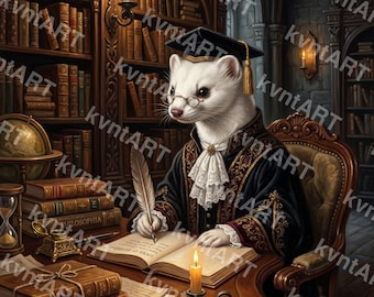 Victorian Ermine Scholar Print, Dark Academia Gothic Library Art (Digital Download)