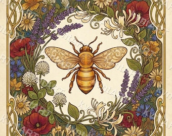 Art Nouveau Botanical Bee Print, Wildflower Honey Cottagecore Decor (Digital Download)