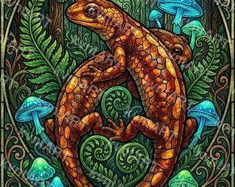 Art Nouveau Botanical Salamander Print, Goblincore Forest Wall Art (PNG Digital Download)