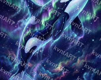 Celestial Orca Whale Art, Cosmic Galaxy Ocean Print (Digital Download)