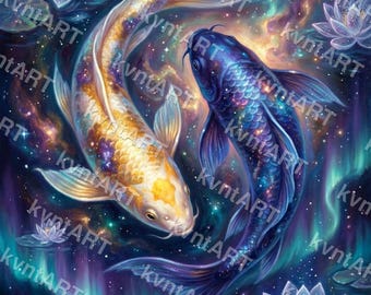 Celestial Koi Fish Print, Cosmic Zen Wall Art, Galaxy Animal Poster (Digital Download)