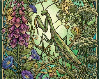 Art Nouveau Botanical Mantis Print, Cottagecore Insect Wall Art (Digital Download)