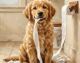 Golden Retriever Toilet Paper Wall Art, Guilty Dog Bathroom Print (Digital Download)