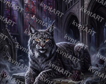 Gothic Lynx Print, Dark Academia Cathedral Art, Victorian Cat Poster (Digital Download)