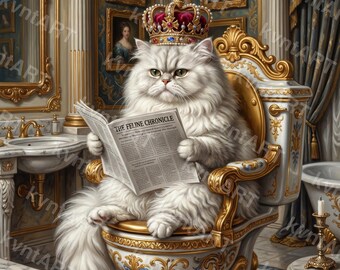 Regal Persian Cat Toilet Oil Painting, Royal Feline Bathroom Print (Digital Download)