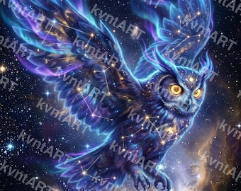 Celestial Owl Wall Art, Aurora Animal Spirit Print, Galaxy Boho Decor (Digital Download)