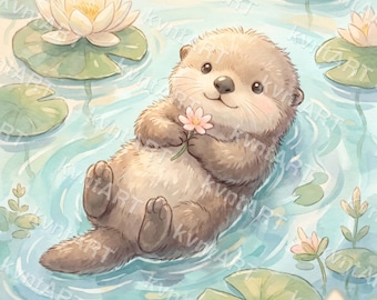 Baby Otter Nursery Print, Pastel Watercolor Woodland Animal Art (Digital Download)
