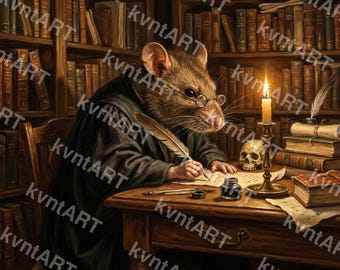Victorian Rat Scholar Print, Dark Academia Oil Painting, Gothic Library Wall Art (Digital Download)