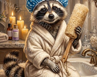 Raccoon Spa Day Oil Painting Print, Whimsical Bathroom Decor (Digital Download)