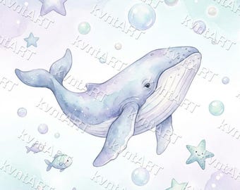 Baby Whale Nursery Print, Pastel Watercolour Ocean Wall Art (Digital Download)