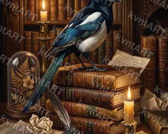 Dark Academia Magpie Scholar Print, Victorian Gothic Bird Art (Digital Download)