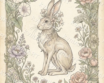 Botanical Hare Print, Art Nouveau Rabbit Wall Art, Cottagecore Decor (Digital Download)