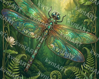 Art Nouveau Dragonfly Print, Botanical Stained Glass Wall Art (Digital Download)
